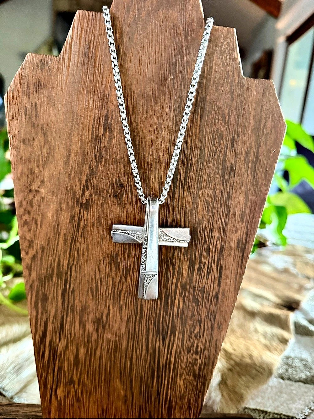 Handcrafted Cross Pendant Necklace In Up-Cycled Vintage  Silverware